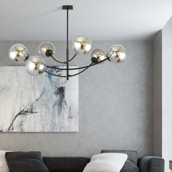 Stropní svítidlo HUNTER 6 – černé, grafitové sklo, 6× E14, šířka 89 cm