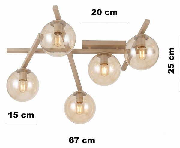 Stropní svítidlo SMART 5 – moka, jantarové sklo, 5× E14, šířka 67 cm