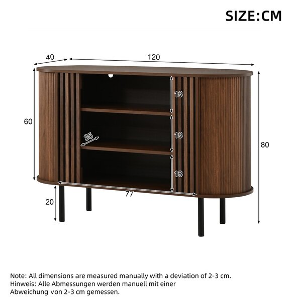 Komoda, rozměry 120x40x80 cm, ořechové dřevo, otevřená konstrukce s mřížkovými prvky, kovové nohy, MDF (imitace ořechového dřeva)
