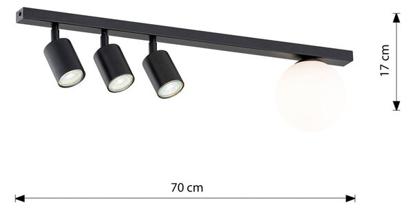 Stropní svítidlo BASTER 4 – černé, bílé sklo, 4× GU10/E14, šířka 70 cm
