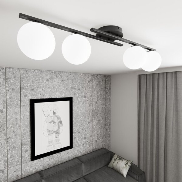 Stropní svítidlo KAIRO 4 – černé, opálové sklo, 4× E14, šířka 87 cm