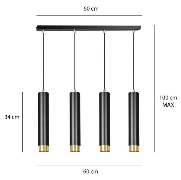 Závěsné svítidlo KIBO 4 – černé / zlaté, 4× GU10, šířka 60 cm
