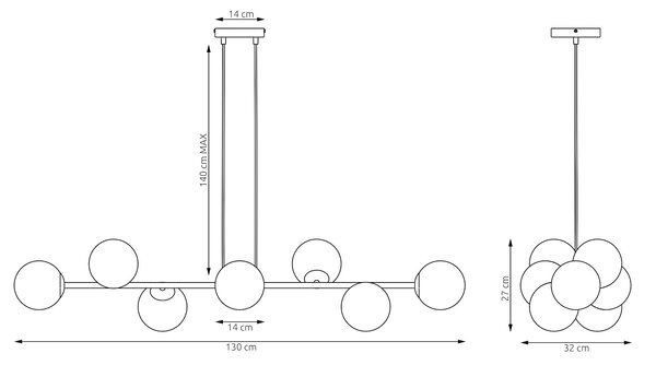 Závěsné svítidlo MAGNUS 8 – tlumeně modré, bílé sklo, 8× E14, šířka 116 cm