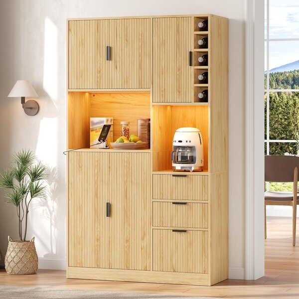 Kuchyňská skříň 180x105x40 cm, skříň na víno, 3 zásuvky, LED osvětlení, zásuvky (barva: přírodní)
