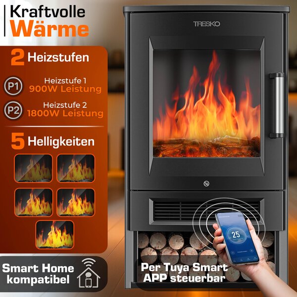 Elektrický krb TRESKO® s vytápěním včetně dálkového ovládání a aplikace WiFi | elektrický krb 1800W LED efekt plamene barevné režimy | krbový termostat, časovač | elektrická krbová kamna volně stojící krb 2 úrovně vytápění