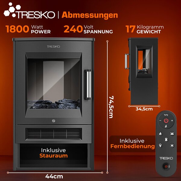 Elektrický krb TRESKO® s vytápěním včetně dálkového ovládání a aplikace WiFi | elektrický krb 1800W LED efekt plamene barevné režimy | krbový termostat, časovač | elektrická krbová kamna volně stojící krb 2 úrovně vytápění