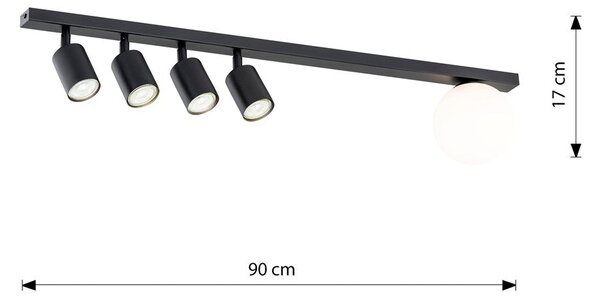 Stropní svítidlo BASTER 5 – černé, bílé sklo, 5× GU10/E14, šířka 90 cm