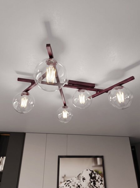 Stropní svítidlo SMART 5 – vínové, čiré sklo, 5× E14, šířka 67 cm