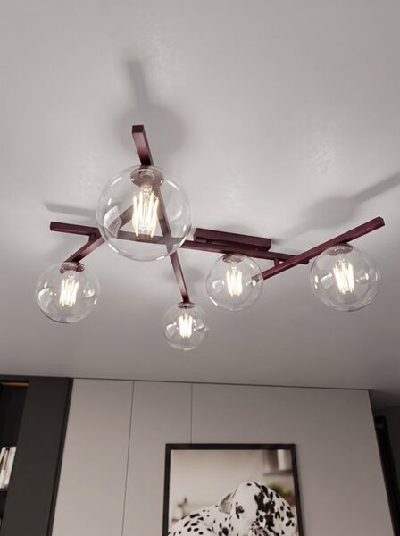 Stropní svítidlo SMART 5 – vínové, čiré sklo, 5× E14, šířka 67 cm