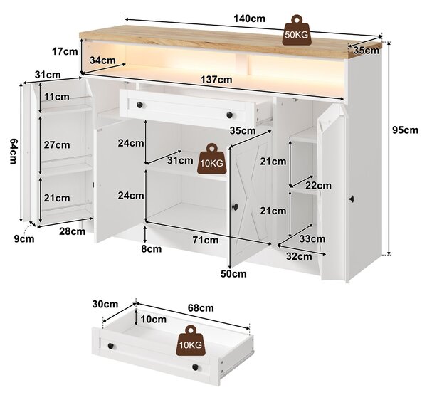 Kuchyňská skříň 140x35x95 cm, s LED osvětlením, zásuvkou, policemi ve dveřích, 4 posuvnými dveřmi (bílá)