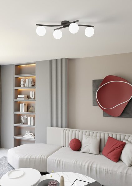 Stropní svítidlo OPUS 4 – černé, opálové sklo, 4× E14, šířka 85 cm