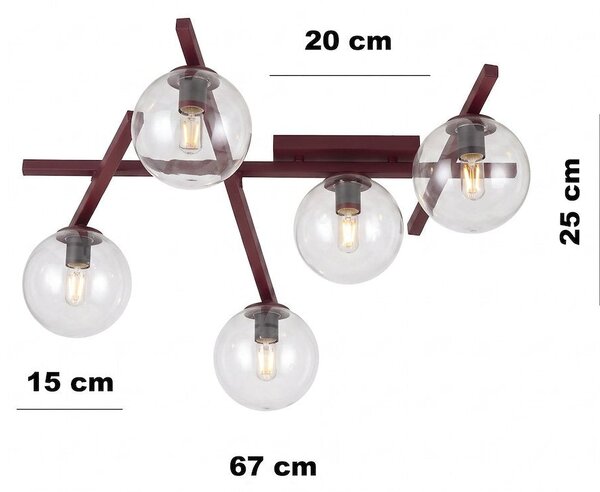 Stropní svítidlo SMART 5 – vínové, čiré sklo, 5× E14, šířka 67 cm