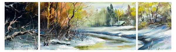 Obraz zimní řeky, olejomalba (170x50 cm)