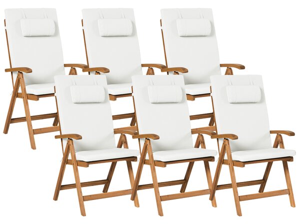 Sada 6 zahradních židlí s polštáři JAVA PREMIUM Akáciové dřevo Krémově bílá