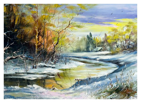 Obraz zimní řeky, olejomalba (70x50 cm)