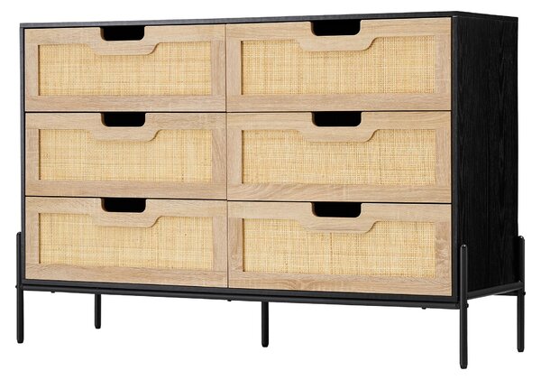 Komoda se 6 zásuvkami, proutěná, ratanový design, boho styl, černá barva + Imitace dřeva dub