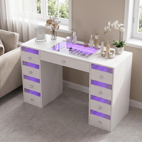 VANITII Kosmetický stolek s LED osvětlením, 9 zásuvek, bílý, rozměry 130 x 55 x 81 cm
