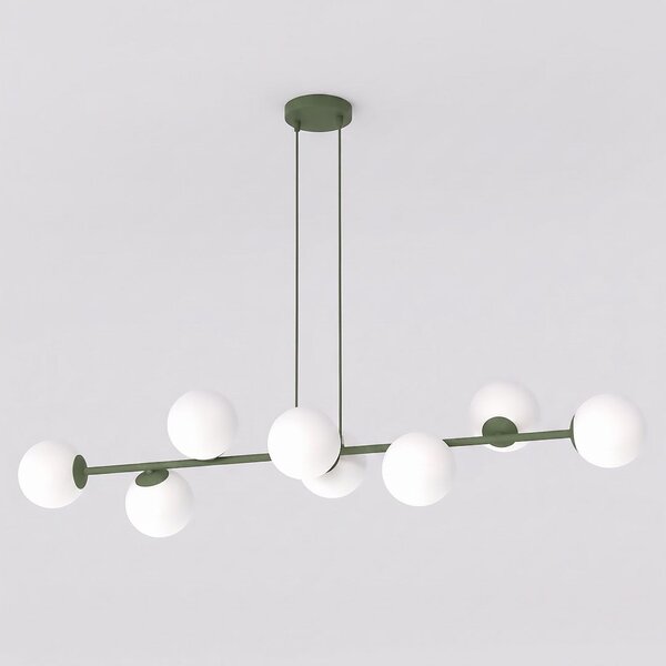 Závěsné svítidlo MAGNUS 8 – olivově zelené, bílé sklo, 8× E14, šířka 116 cm
