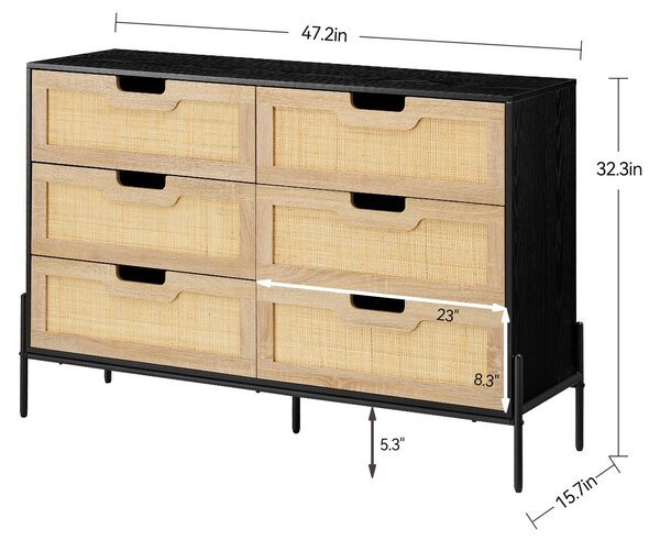 Komoda se 6 zásuvkami, proutěná, ratanový design, boho styl, černá barva + Imitace dřeva dub