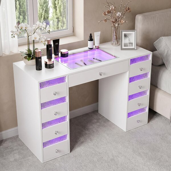 VANITII Kosmetický stolek s LED osvětlením, 9 zásuvek, bílý, rozměry 130 x 55 x 81 cm