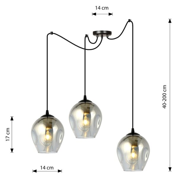 Závěsné svítidlo LEVEL 3 – černé, grafitové sklo, 3× E27, šířka 14 cm