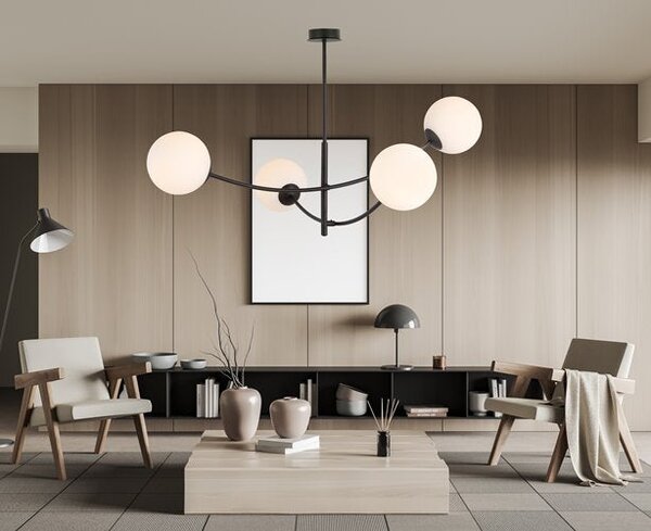 Stropní svítidlo HUNTER 4 – černé, opálové sklo, 4× E14, šířka 89 cm