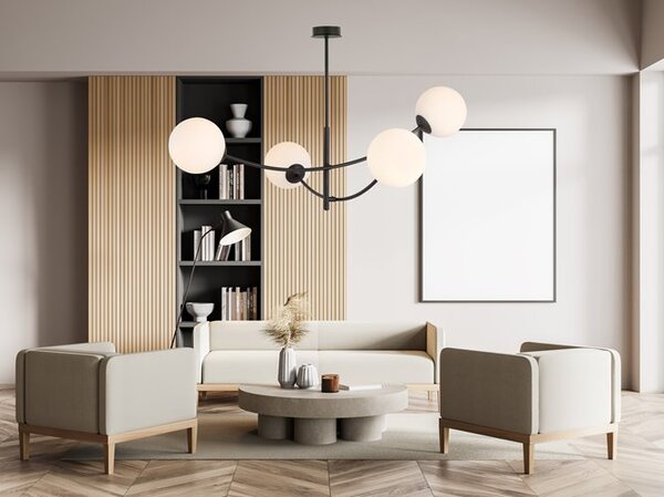 Stropní svítidlo HUNTER 4 – černé, opálové sklo, 4× E14, šířka 89 cm