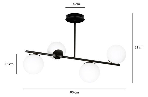 Stropní svítidlo BIOR 4 – černé, bílé sklo, 4× E14, šířka 80 cm