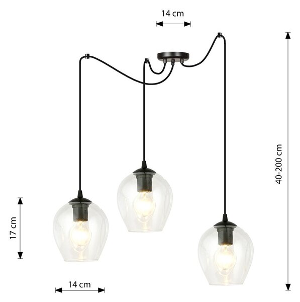 Závěsné svítidlo LEVEL 3 – černé, čiré sklo, 3× E27, šířka 14 cm