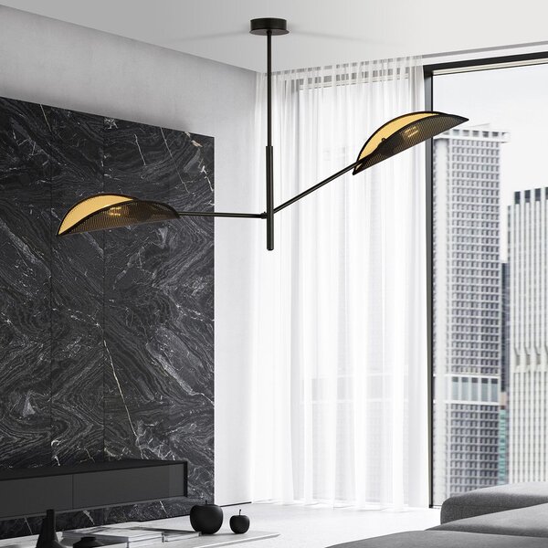 Stropní svítidlo VENE 2 – černé, zlatá textilní stínidla, 2× E14, šířka 102 cm