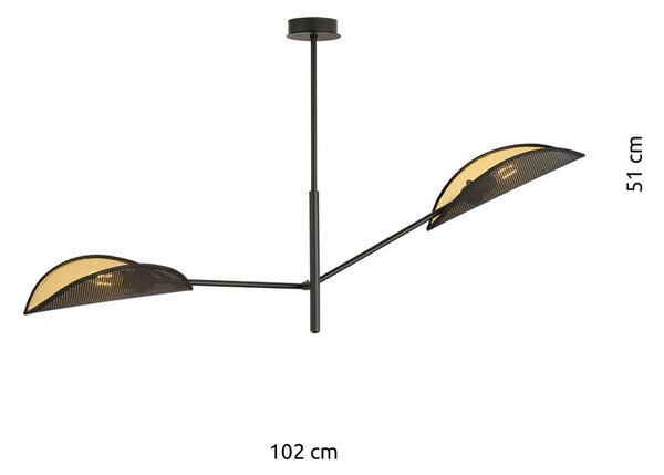 Stropní svítidlo VENE 2 – černé, zlatá textilní stínidla, 2× E14, šířka 102 cm