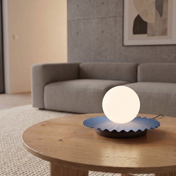 Stolní lampa UMBRA LN1 – tlumeně modrá, bílé sklo, 1× G9, šířka 28 cm