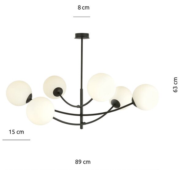 Stropní svítidlo HUNTER 6 – černé, opálové sklo, 6× E14, šířka 89 cm