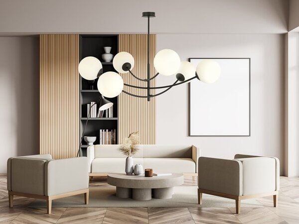 Stropní svítidlo HUNTER 6 – černé, opálové sklo, 6× E14, šířka 89 cm