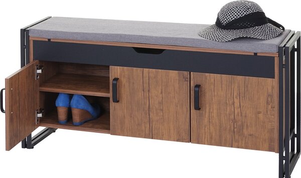 Komoda na boty se sedákem HWC-A27, Komoda Lavice s polštářem, 53x110x30cm 3D struktura Kov Wild Oak Optics