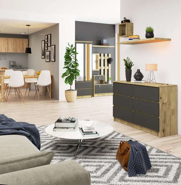 Ak furniture Komoda Kuba 120 cm 6 šuplíků dub artisan/grafitová