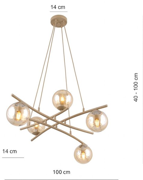 Závěsné svítidlo ESSA 5 – moka, jantarové sklo, 5× E14, šířka 100 cm