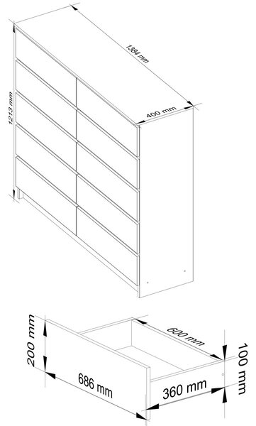 Ak furniture Komoda Kuba 140 cm 10 šuplíků dub sonoma/bílá