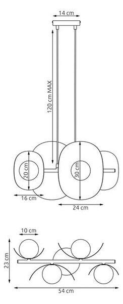 Závěsné svítidlo ELEMENTI 4 – černé, bílé sklo, 4× G9, šířka 54 cm
