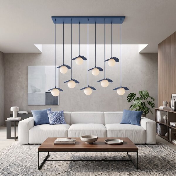 Závěsné svítidlo FLORA 9 – tlumeně modré, bílé sklo, 9× G9, šířka 116 cm