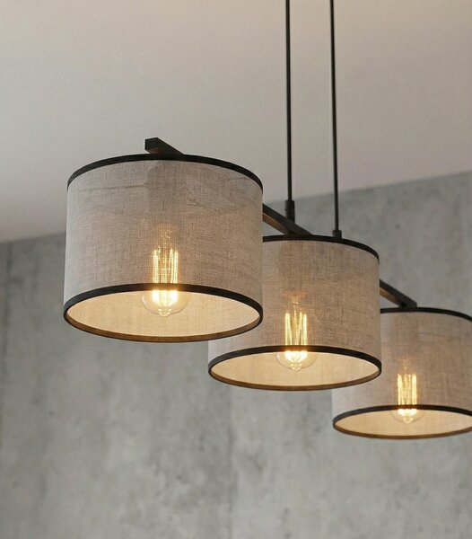 Závěsné svítidlo ECO 3 – černé, šedá textilní stínidla, 3× E27, šířka 70 cm