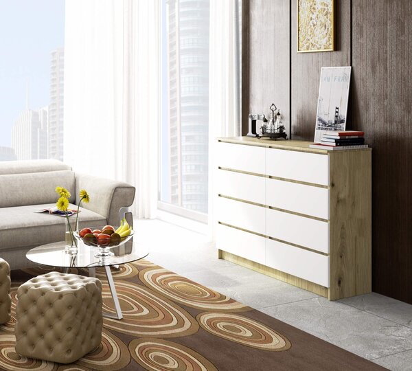 Ak furniture Komoda Kuba 140 cm 8 šuplíků dub artisan/bílá
