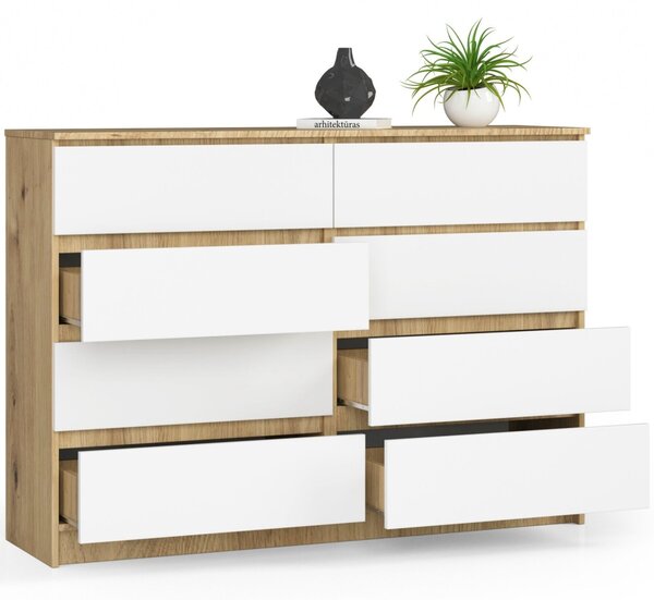 Ak furniture Komoda Kuba 140 cm 8 šuplíků dub artisan/bílá