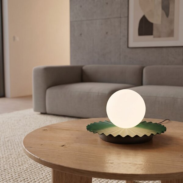 Stolní lampa UMBRA LN1 – olivově zelená, bílé sklo, 1× G9, šířka 28 cm