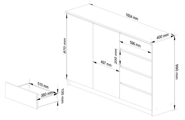 Ak furniture Komoda K013 160 cm bílá - 2 skříňky a 4 šuplíky