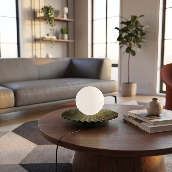 Stolní lampa UMBRA LN1 – olivově zelená, bílé sklo, 1× G9, šířka 28 cm
