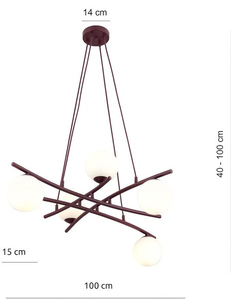 Závěsné svítidlo ESSA 5 – vínové, opálové sklo, 5× E14, šířka 100 cm