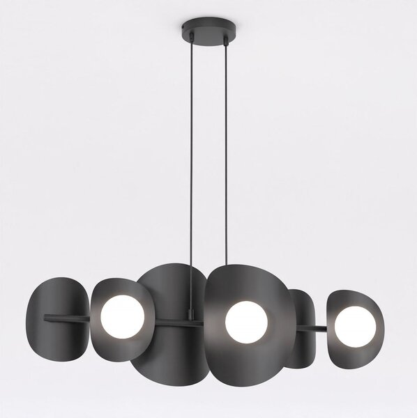 Závěsné svítidlo ELEMENTI 6 – černé, bílé sklo, 6× G9, šířka 87 cm