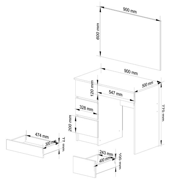 Ak furniture Kosmetický stolek se zrcadlem T-6 I 90x50 cm bílý levý