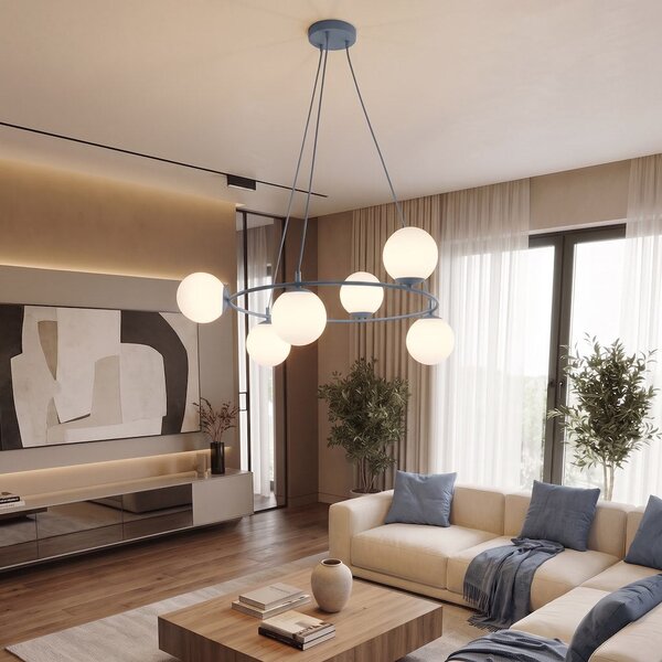 Závěsné svítidlo AZURA 6 – tlumeně modré, opálové sklo, 6× E14, šířka 75 cm
